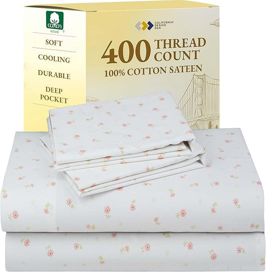California Design Den Floral Print King Size Sheets Set - 400 Thread Count, Soft Sateen, Natural 100% Cotton Sheets King Size, Deep Pockets, and Durable Bedding Set - Soft Floral