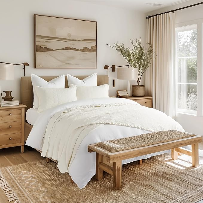 EVERGRACEHOME Stonewashed Cotton Quilt Set Full Queen Size, Ultra Soft Oversized Bedspread Coverlet Set, Lightweight Crinkle Box Stitch Bedding Sets for All Season, with 2 Shams, Ivory White