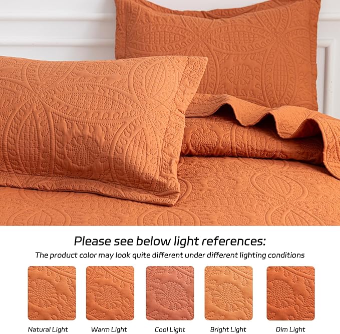 SheRest King Quilt Bedding Set - Soft Breathable Bed Quilt, Modern Style Embossed Bedspreads, Lightweight Microfiber Coverlet for All Seasons, Burnt Orange, 3 Pieces (1 Quilt,2 Pillow Shams)