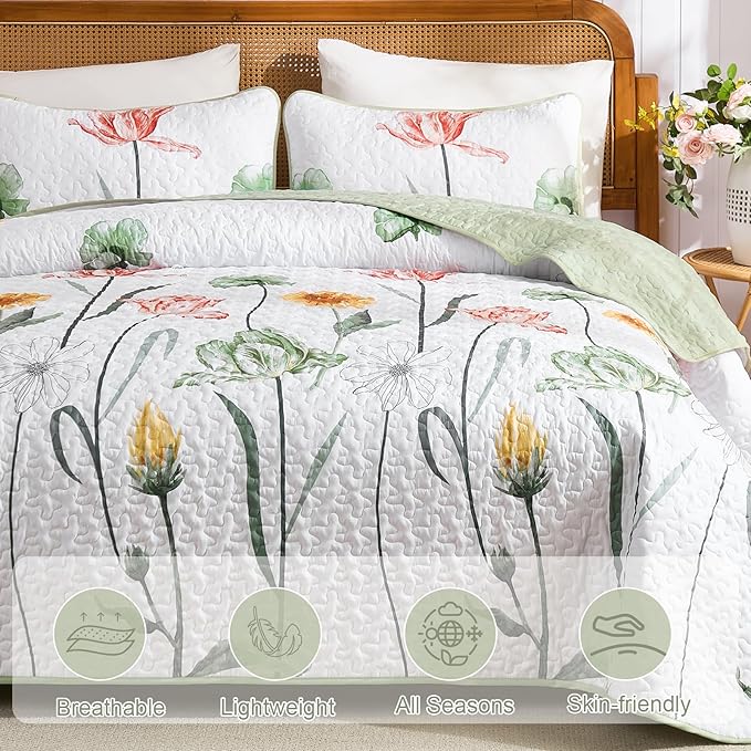 WONGS BEDDING 3 Pieces Quilt Set King,Sage Green Floral Printed Quilted Bedspread Set,Soft Lightweight Bedding Coverlet Set for All Seasons(110"x90")