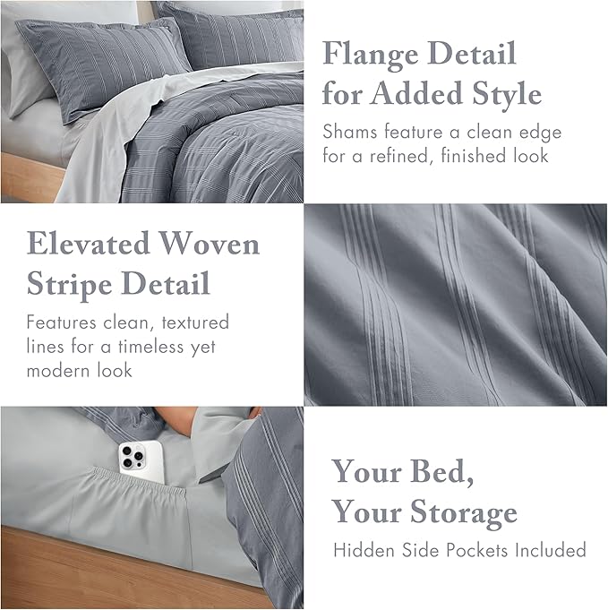 Madison Park Essentials Striped Comforter Set Cal King, 7 Pieces Modern Minimalist Jacquard Bedding Set for All Season, Bed in A Bag with Sheet Set and Soft Brushed Reverse, Lightweight Blue/Grey