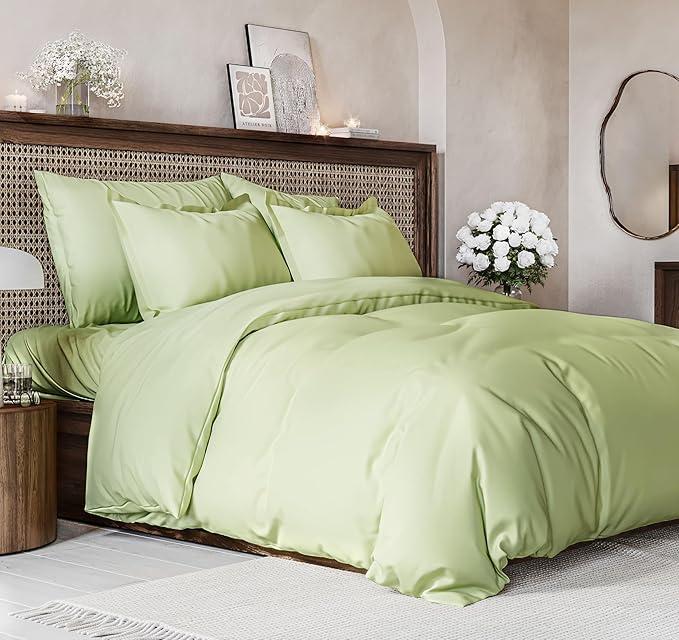 Duvet Cover Full Size - Extra Soft Full Size Duvet Cover - Lightweight, Breathable, Easy Care & Fade Free w/ Zipper Closures & Ties - 80" x 90" Inches - (Light Sage Green) Comforter Not Included