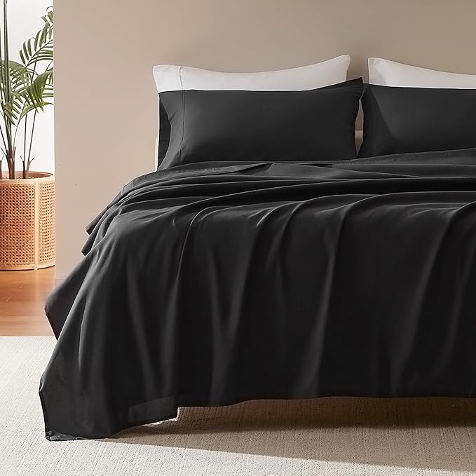 SLEEP ZONE Nanotex Super Soft Cooling Kids Bed Sheets Set Twin XL 3 Piece - Easy Care Fitted Flat Sheet & Pillowcase Sets - Wrinkle Free, Fade Resistant, Deep Pocket 16" (Black, Twin XL)