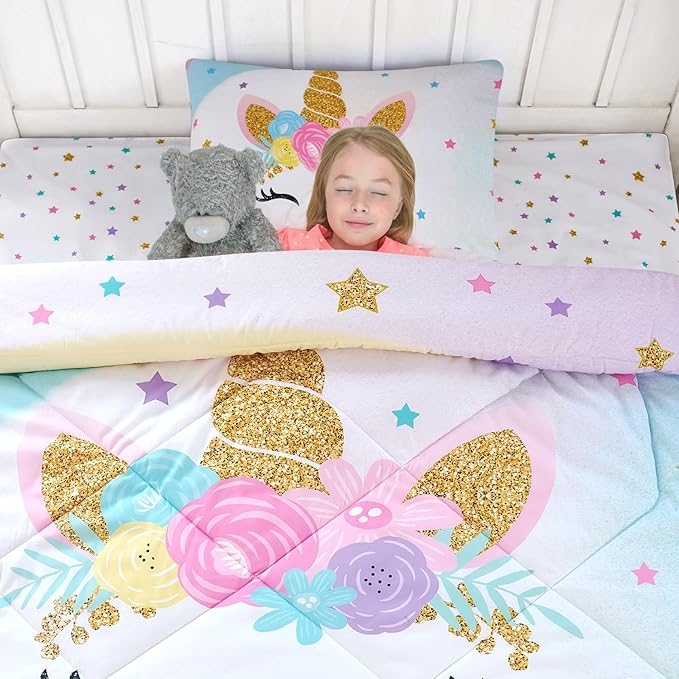 Cokouchyi Twin Size Comforter Set for Girls, 6-Piece Bed in a Bag, 3D Colorful Unicorn Bedding Comforter Sheet Set, Ultra Soft and Fluffy, Pink & Rainbow Color
