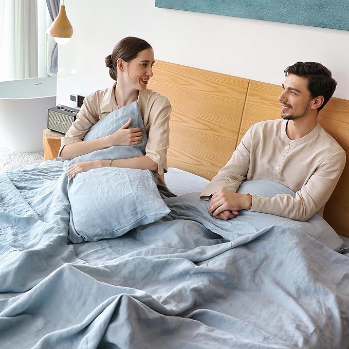 Simple&Opulence Belgian Linen Sheet Set Solid Color - 4 Pieces (1 Flat Sheet, 1 Fitted Sheet & 2 Pillowcases) Natural Flax Cotton Blend Soft Breathable Farmhouse Bedding - King Size, Dusty Blue