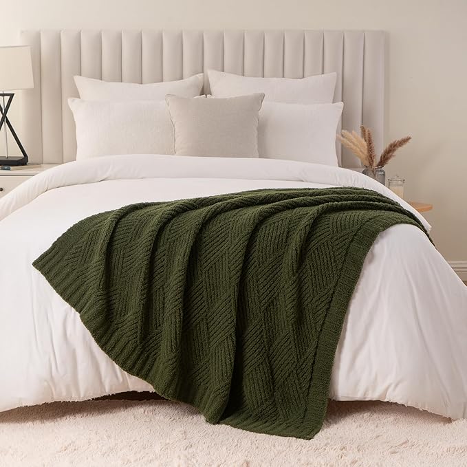 Battilo Olive Green Diamond Knit Throw Blanket for Couch and Bed, Soft Textured Chenille Blanket, Cozy Lightweight Decorative Blanket for Sofa, 50"x60"