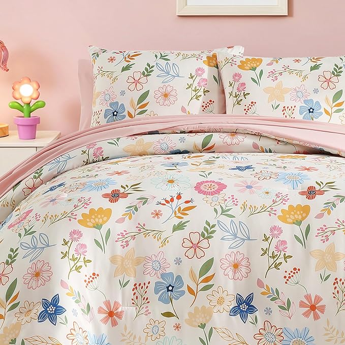 Twin Comforter Set for Girls Kids - 5 Pieces Pastel Garden Patterns Twin Bedding Sets for Girls Teen, Soft Cozy Bed in A Bag with Sheets