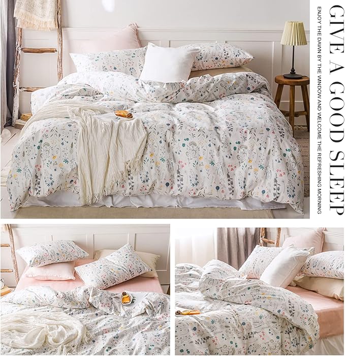 HighBuy Floral Duvet Cover Queen 100% Cotton Bedding Set Queen Girls Boys Cottagecore Bedding 3 Piece Comforter Cover Ultra Soft Garden Floral Quilt Cover with Zipper Closure