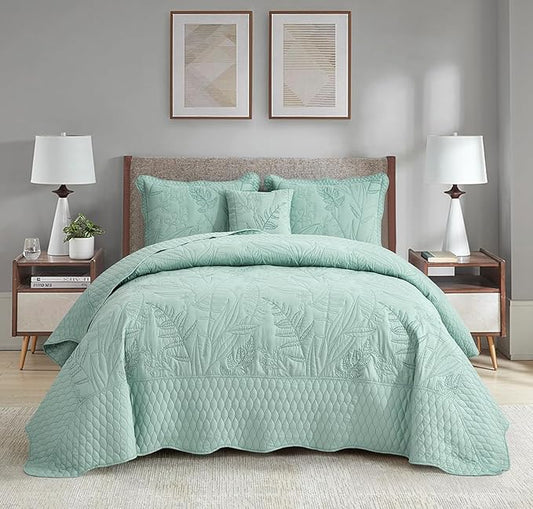 Botanical Bedspread Full Size - Leaves Pattern Stitching Quilt Set - Elegant & Fresh Style Bedding Coverlets, Reversible, Lightweight, 5 Piece, Seaglass