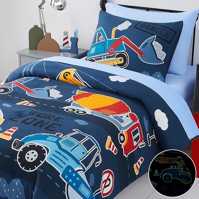 Twin Kids Comforter Set - 5 Pieces Twin Bedding Sets for Boys Teen, Glow in The Dark Truck Tractor Excavator Bed in A Bag with Sheets