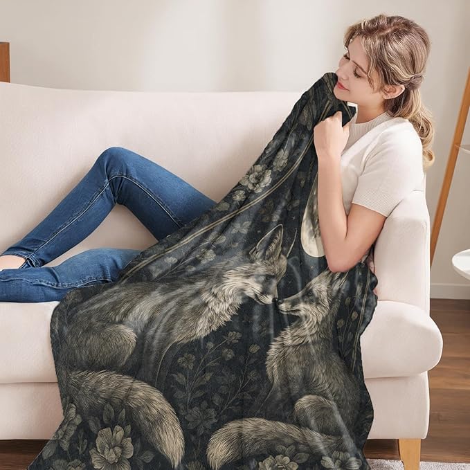 Fox Gifts, Mystical Fox Moon Theme Flannel Blanket for Adults, Women, Full Moon Night Throw Blankets for Kids, Girls, Travel Camping Sofa Living Room Decor 50x60 in