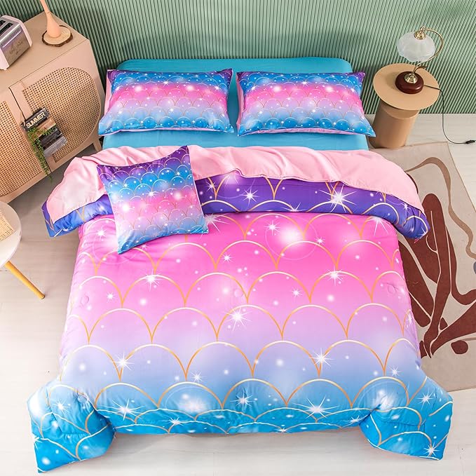 PERFEMET Pink Mermaid Comforter Set Full Size 6 Pieces Bed in A Bag Colorful Rainbow Bedding Set for Teens Girls 3D Sparkly Glitter Ombre Bed Set with Comforter and Sheets (Pink Mermaid, Full)