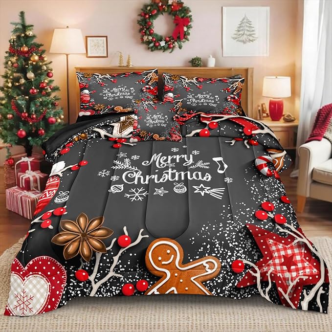 Bedbay Christmas Bedding Queen Christmas Comforter Set Cartoon Gingerbread Man Printed Xmas Themed Bedding 4-Piece Room Decorations Boys Girls Festival Theme Comforter (Xmas,Queen)