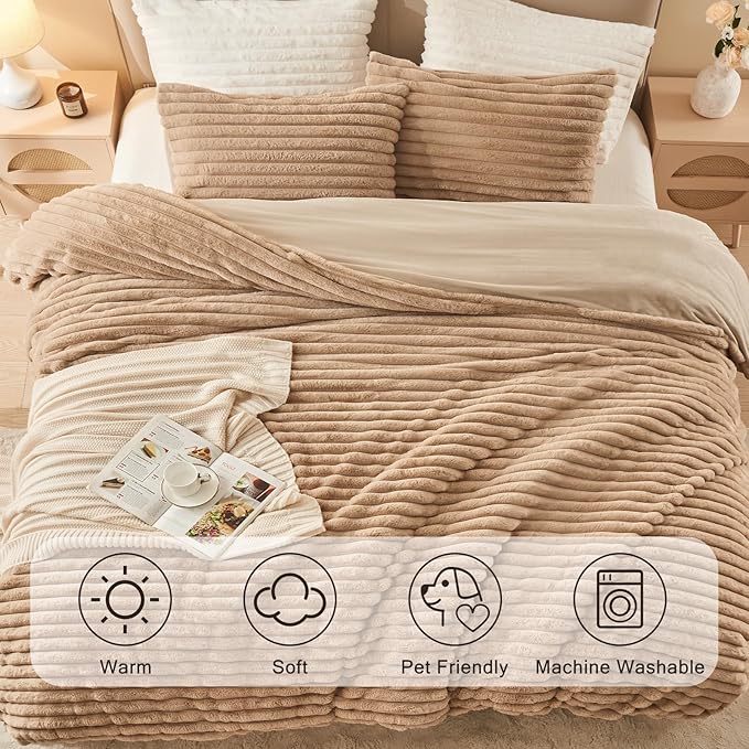 EMME Faux Fur Duvet Cover Queen Size, 3 Pieces Ultra Soft Fluffy Comforter Cover, Cozy Warm for Winter, Luxury Elegant Shaggy Striped Design Bedding, 1 Duvet Cover & 2 Pillow Shams (Queen, Taupe)