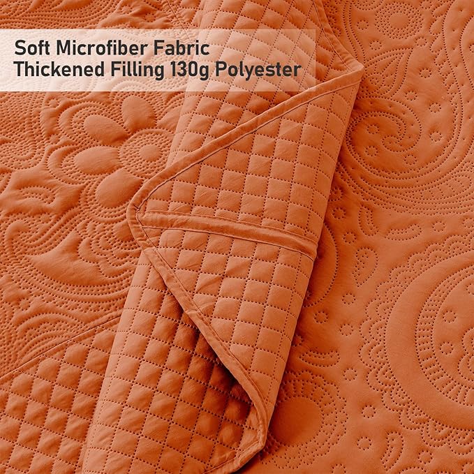 Qucover Oversized King Bedspreads 120x120, 3 Piece California King Quilts Oversized, Ultrasonic Quilting Soft Microfiber Lightweight Pumpking Cal King Quilt with Shams, Burnt Orange