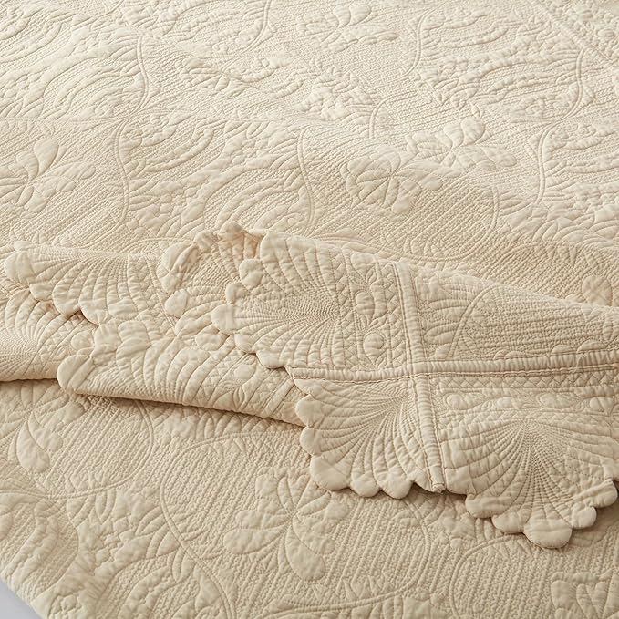 MarCielo 3-Piece 100% Cotton Oversized Bedspread Lightweight Quilt Coverlet Embroidery Farmhouse Bedding Set(TL Beige,Oversized Queen (100"x106"))