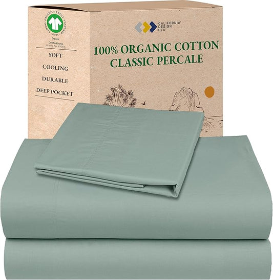 California Design Den Twin XL Bed Sheets Set - Soft 100% Organic Cotton, Cool Percale Sheets, Deep Pockets with Anti-Skid Elastic, Breathable and Durable Bedding Set for Dorm Room - Sage Green