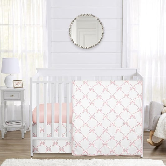 Sweet Jojo Designs 3-Piece Baby Crib Bedding Set (Pink Bows) for Girls, Infants/Nursery incl. Blanket, Fitted Sheet and Crib Skirt (Blush and White, Bow, Ballerina, Ballet Dancer, Princess Collection)