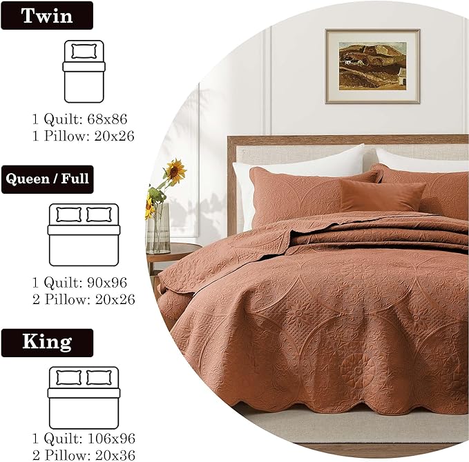 IR Imperial Rooms 8 Pack California King Quilt Bedding Set (118"x106") - Bulk Wholesale for Hotels, Guest Bedroom & Airbnbs - Microfiber Reversible Floral Embossed Quilts Bedspreads (Rust)