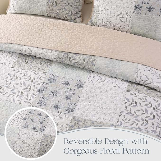 Exclusivo Mezcla Reversible Boho Quilts Twin Size, Gray Bedspreads Lightweight Coverlet All Season Patchwork Quilt Bedding Set with Printed Floral Pattern (1 Quilt, 1 Pillow Sham)