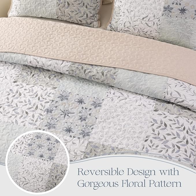 Exclusivo Mezcla Reversible Boho Quilts Queen Size, Gray Bedspreads Lightweight Coverlet All Season Patchwork Quilt Bedding Set with Printed Floral Pattern (1 Quilt, 2 Pillow Shams)