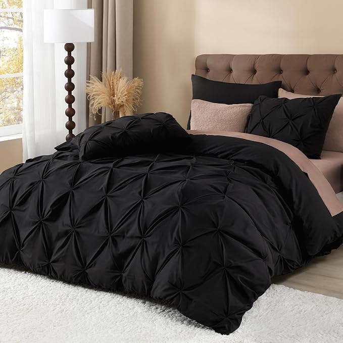 Litanika Black Pinch Pleat Duvet Cover Full (79x90Inch), 3-Piece Luxurious Pintuck Bedding Set, Soft Microfiber with Zipper Closure & Corner Ties