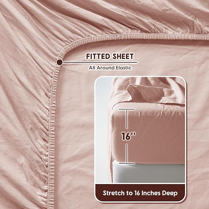 SONORO KATE 100% French Pure Linen Sheets, Breathable and Durable Linen Queen Size Sheets, Anti-Tear Linen Bed Sheets, Machine Washable, 16 Inch Deep Pocket - 4 Piece (Pink)