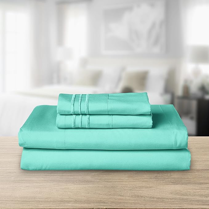 Elegant Comfort Luxurious 1500 Premium Hotel Quality Microfiber Three Line Embroidered Softest 4-Piece Bed Sheet Set, Wrinkle and Fade Resistant, King, Paradise Teal