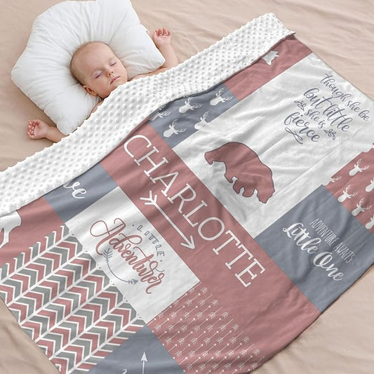 Customzed Baby Blanket for Girls Super Soft Double Layer with Dotted Backing, Receiving Blanket with Cute Woodland Multicolor Printed Blanket Brick Dust 40 x 50 Inch