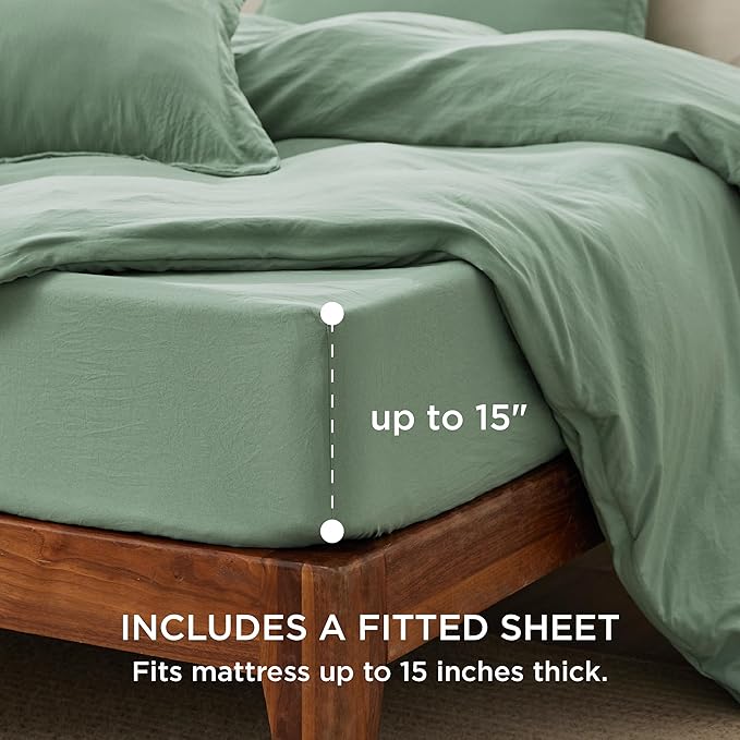 Bedsure Duvet Cover Queen Size with Fitted Sheet - 4 Pieces Prewashed Cotton-Like Polyester Extra Soft Bedding Set, Includes 1 Duvet Cover 90x90 Inches, 2 Pillow Shams, 1 Fitted Sheet, Sage Green