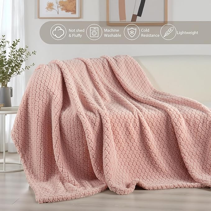 Exclusivo Mezcla Queen Size Fleece Blanket for Bed, Extra Soft Warm Decorative Fuzzy Blanket for Women, Lightweight Cozy Bedding Blankets, 90x90 Inches, Pink