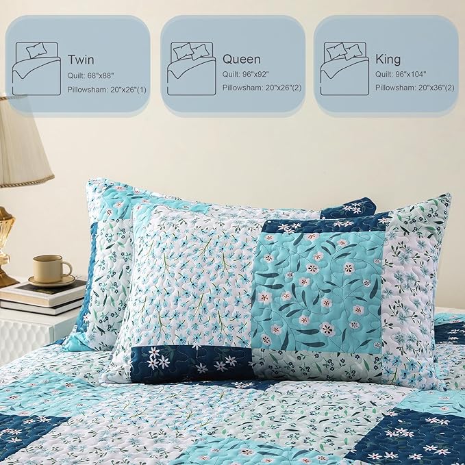 Whale Flotilla Patchwork Quilt King Size, Extra Soft Boho Floral Bedspreads for Bed Reversible Lightweight King Quilt Bedding Set Printed Coverlets with 2 Pillow Shams for All Seasons, Blue