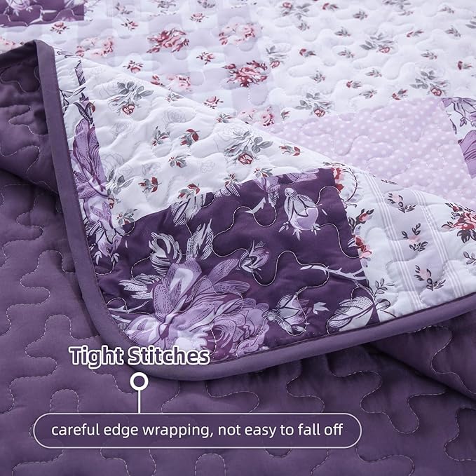 Purple Quilt Set King Size, Boho Floral Plaid Bedspread Coverlet Set, Patchwork Quilt Bedding Set, Farmhouse Soft Lighweight Bedspread Set for All Season