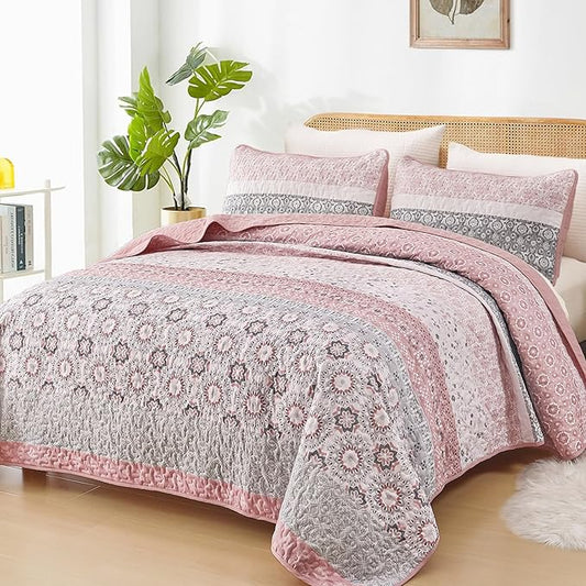 WONGS BEDDING Boho Quilt Set King, Bohemian Pink Striped Patchwork Bedspread Coverlet Set with 2 Pillowcases,Lightweight Microfiber Floral Bedding Set 104"×90"