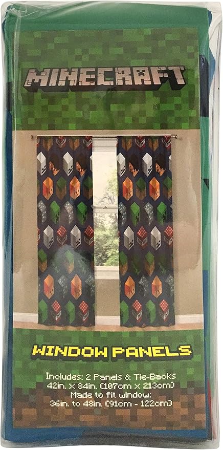 Jay Franco Minecraft Isometric Blue 84" Inch Drapes 4 Piece Set - Beautiful Room Décor & Easy Set Up, Bedding Features Creeper - Window Curtains Include 2 Panels & 2 Tiebacks