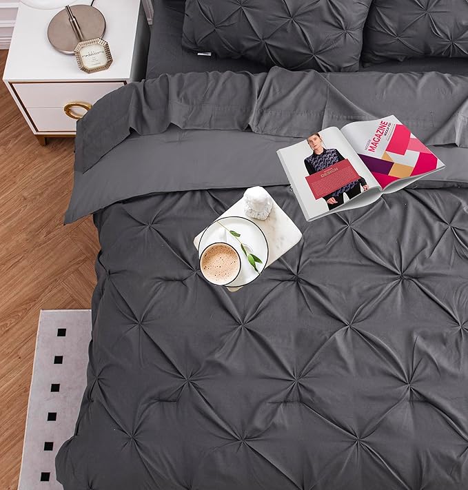 LANE LINEN Comforter King Size - 7 Pc - Elegant Pintuck Detailing for Everyday Comfort - Bed in a Bag King Bed Set - Luxe Touch All-Season Complete Bedding Set - Very Soft & Cozy Comforter Set - Grey | Luxe microfiber, All season use, Cozy sleep surfac...