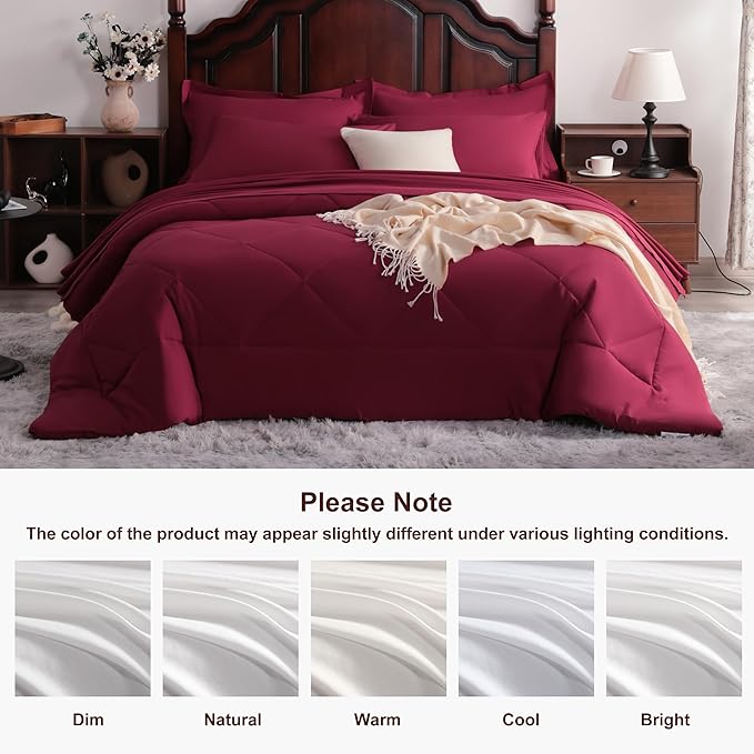 NTBAY King Comforter Set with Sheets, 7 Pieces Soft and Breathable King Bedding Set, Bed in a Bag, Down Alternative Comforter Set Solid Color All Season, Wine Red