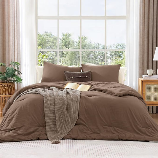 WRENSONGE Super King Plus Comforter Set - 3 Pieces Prewashed Brown Comforter Soft Lightweight for All Seasons,Down Alternative Comforters Super King Plus Size with 2 Pillow Shams