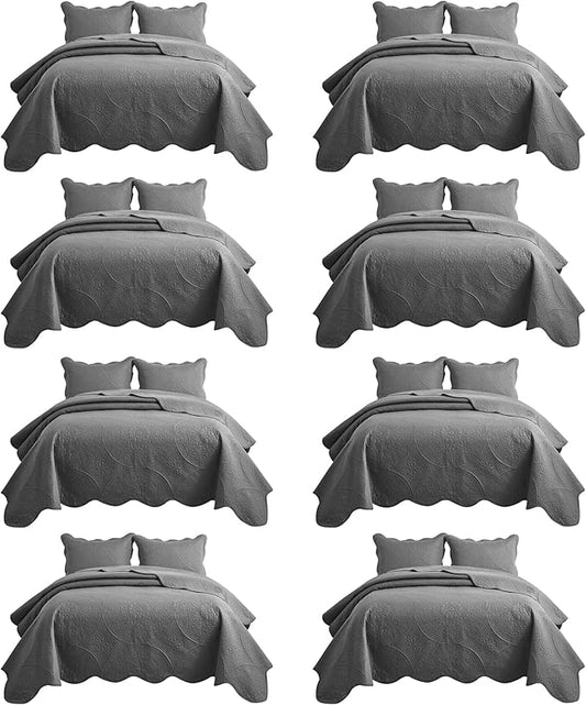 IR Imperial Rooms 8 Pack California King Quilt Bedding Set (118"x106") - Bulk Wholesale for Hotels, Guest Bedroom & Airbnbs - Microfiber Reversible Floral Embossed Quilts Bedspreads (Grey)