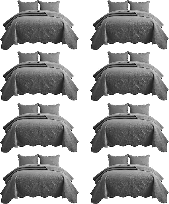 MOONLIGHT20015 8 Pack California King Quilt Bedding Set (118"x106") - Bulk Wholesale for Hotels, Guest Bedroom & Airbnbs - Microfiber Reversible Floral Embossed Quilts Bedspreads (Grey)