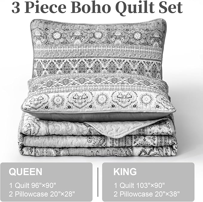 WONGS BEDDING Boho Queen Quilt Set, Grey Bohemian Queen Quilt Bedding Set, Lightweight Microfiber Bed Decor Bedspread for All Season 96"x90"(3 Pieces)