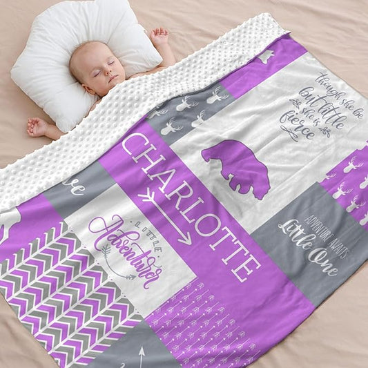 Baby Blanket with Name, Polyester Micro Soft Plush Baby Blankets for Girls with Print Animal Pattern, Double Layer Bed Throws for Crib, Bear and Deer, 35x45 Inches