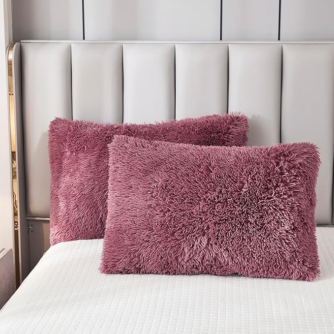 Uhamho Faux Fur Velvet Fluffy Bedding Duvet Cover Set Down Comforter Quilt Cover with Pillow Sham, Ultra Soft Warm and Luxury (Twin, Dusty Rose)