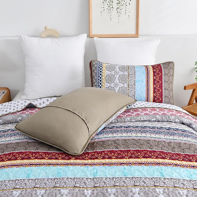 WONGS BEDDING Boho Quilt Set Queen Size, Brown Bohemian 3 Pieces Quilt Bedding Sets, Lightweight Microfiber Bedspread Coverlet Set for All Season (96"x90")
