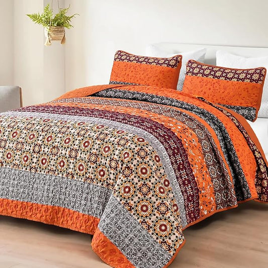WONGS BEDDING Boho Quilt Set King,Fall Burnt Orange Bohemian Striped Patchwork Bedspread Coverlet Set with 2 Pillowcases,Lightweight Microfiber Floral Bedding Set 104"×90"