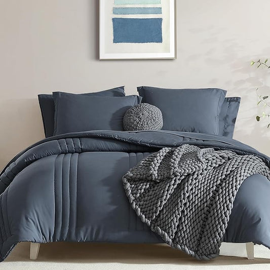 Monbix Oversized Queen Comforter Set - 7 Pieces Blue Grey Bed in a Bag Oversized Queen Bedding Sets with Comforters, All Seasons Comforter Bed Set with Sheets, Pillowcases & Shams
