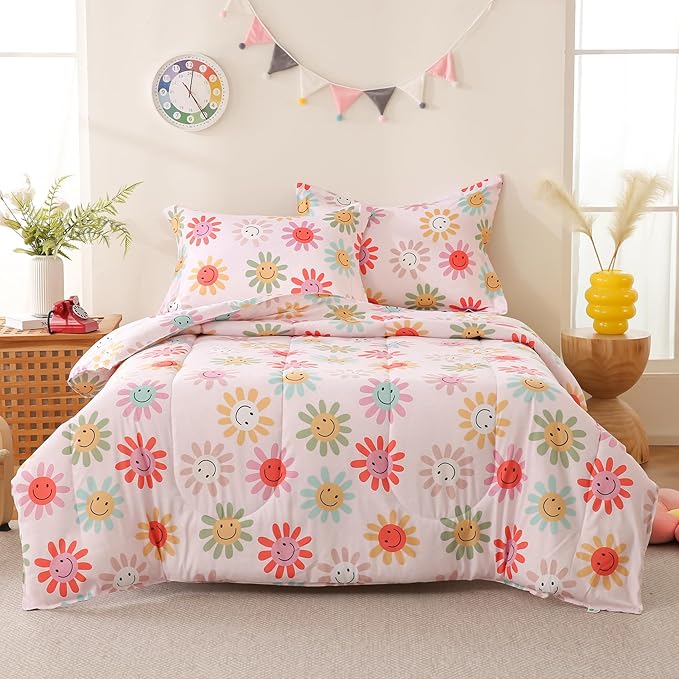 Yibeizi Floral Comforter Set for Girls Twin, Kids Cute Printed Bedding Set with Pillow Sham, Lightweight Soft Breathable Machine Washable Quilted Bed Comforter Set 2 Piece
