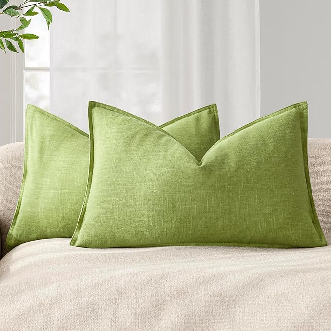 Foindtower Pack of 2, Decorative Linen Soild Throw Pillow Covers Soft Accent Lumbar Cushion Case Boho Farmhouse Pillowcase for Chair Couch Sofa Bedroom Living Room Home Decor 12 x 20 Inch Lush Green