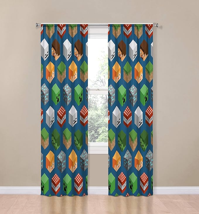 Jay Franco Minecraft Isometric Blue 84" Inch Drapes 4 Piece Set - Beautiful Room Décor & Easy Set Up, Bedding Features Creeper - Window Curtains Include 2 Panels & 2 Tiebacks