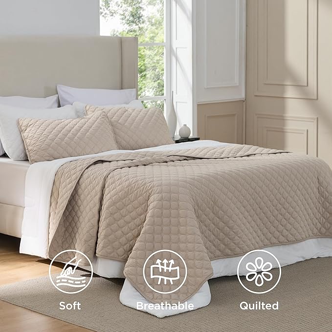 Bedsure Quilts Queen Size - Lightweight Bedspreads Queen Size with Classic Honeycomb Quilting, Soft Quilt Bedding Set, Taupe Comforter Set Coverlet for All Seasons with 2 Pillow Shams (90" x 96")